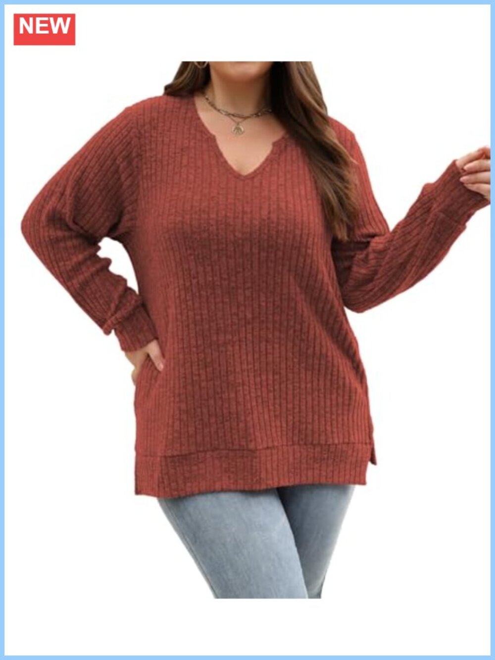 Plus Size Long Sleeve V-Neck Sweater Tunic Top Loose Knit Pullover